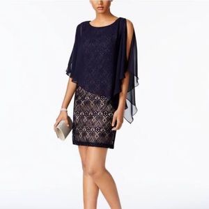 Connected navy lace dress with sheath overlay